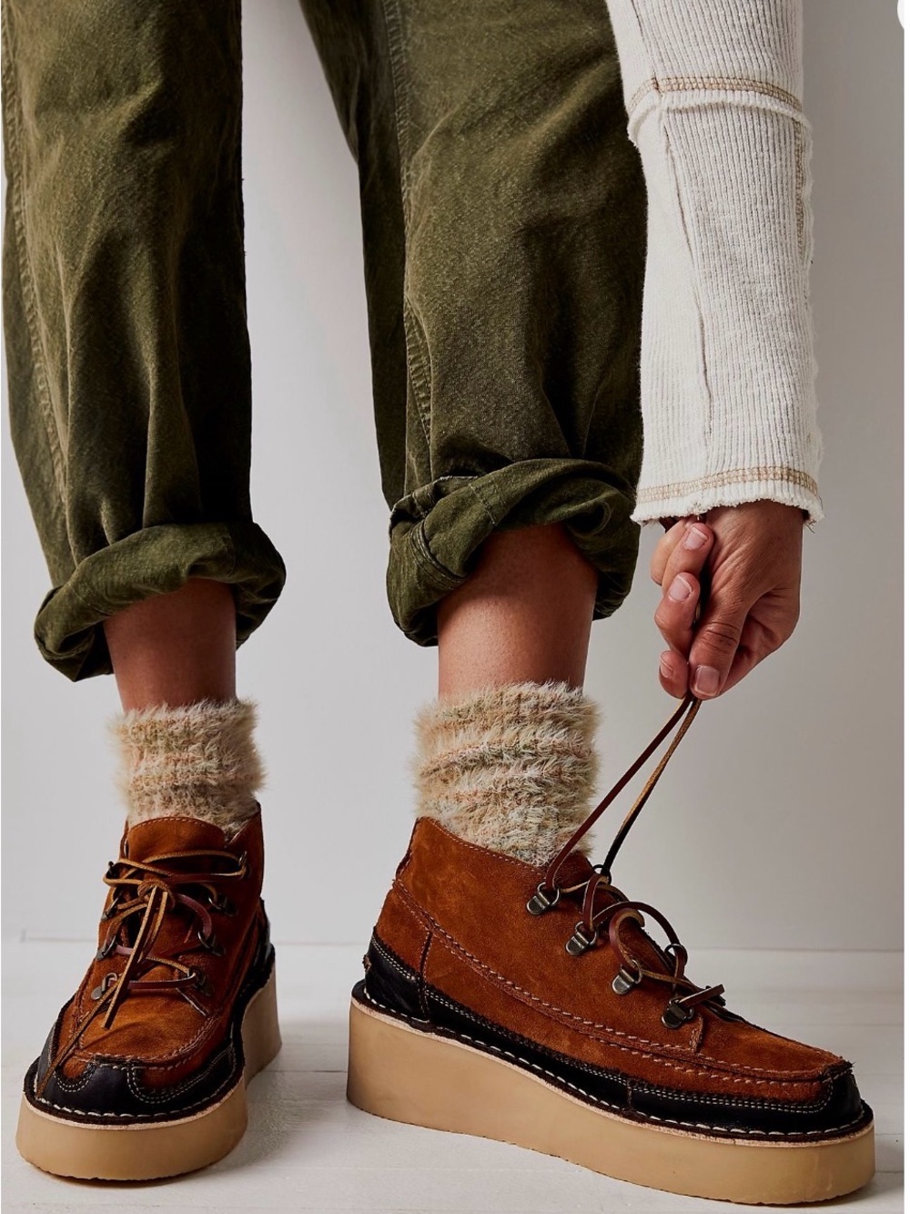 Free People Brown Suede Platform Moccasin Booties with Cream Fuzzy Socks
